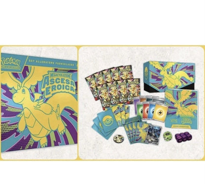 Set Allenatore Fuoriclasse Ascesa Eroica con 9 buste, carta promo Zekrom, accessori e codice GCC Pokémon.